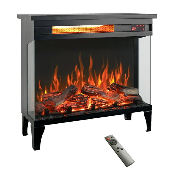 24" 3-Sided Glass Electric Fireplace, 1500W Heater with Double Overheat & Fuse Protection, Panoramic View Freestanding for Bedroom, Remote Control