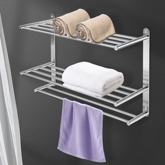 24" 3 Tier Silver Bathroom Towel Rack Bar Stainless Steel Wall-Mounted Storage Shelf for Kitchen