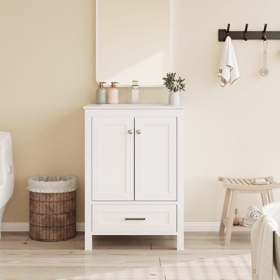 24" / 30"/ 32" Bathroom Vanity with Sink, Modern White Sink Cabinet with Doors & Drawers, Soft-Close Hinges & Silver Metal Handles
