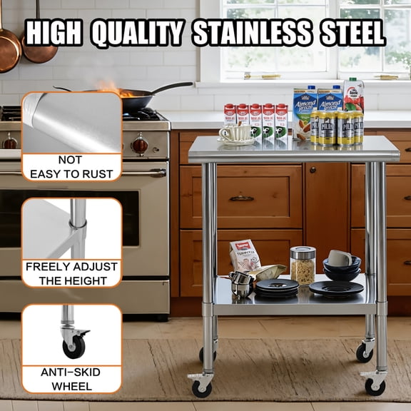 243033.4 Inch NSF Commercial Stainless Steel Prep Table with Lockable Wheels 400LBS Capacity Adjustable Undershelf Detachable Side Hook for Restaurant Kitchen Garage Steel Gray