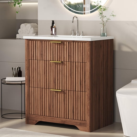 Studyset 24/30/36 Inch Mid-Century Modern Fluted Bathroom Vanity with Sink – Farmhouse Freestanding Cabinet with 2 Drawers & 1 Flip-Down Drawer – Easy Assembly Vanity Cabinet