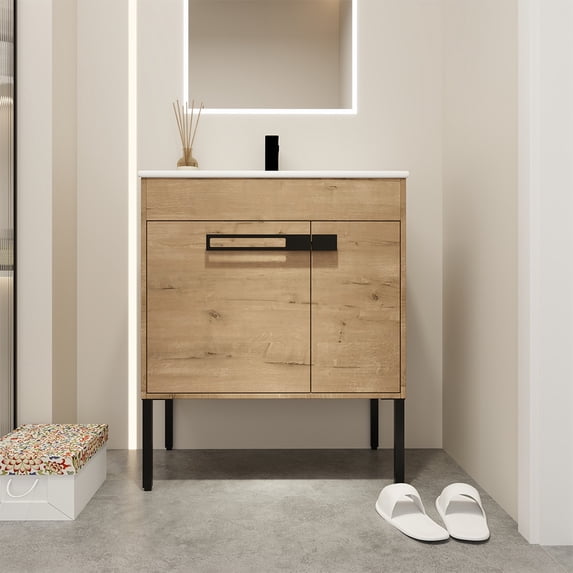 24/30/36Inch Bathroom Vanity with Sink, Freestanding/Wall Mounted Bathroom Vanity with White Ceramic Basin & Adjust Open Shelf, Single Bathroom Vanity Set With Adjustable Shelves for Small Space