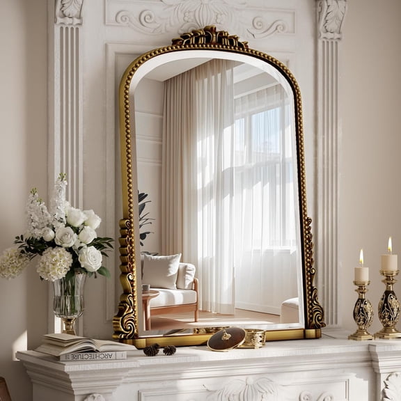 24"×32" Gold Wide Arched Wall Mirror, Vintage Carving Bathroom Vanity Makeup Mirror, as Wall Decor Hanging Leaning for Fireplace Mantle, Living Room, Bedroom, Vanity Area