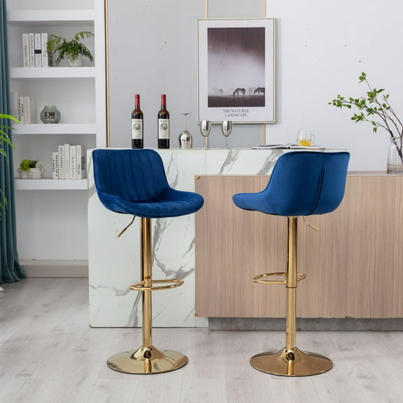 24-32 Inch Velvet Bar Stools, Counter Height Adjustable Swivel Barstools High Bar Chairs with Back & Golden Metal Base, Simple Bar Stool with Footrest for Home Kitchen Island, Pub(Navy,Set of 2)