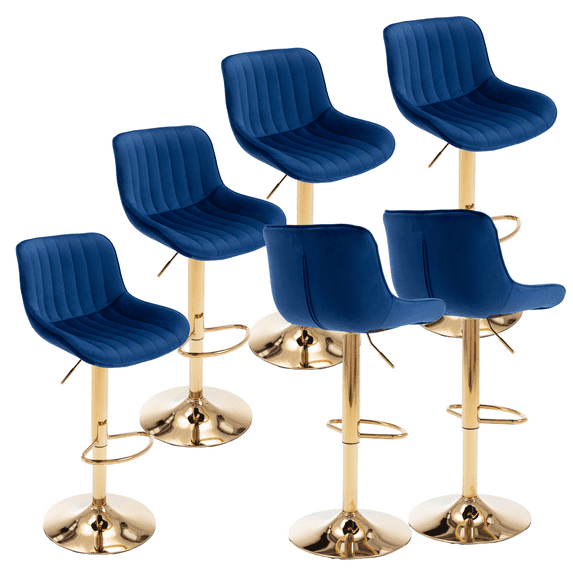 24-32 Inch Velvet Bar Stools, Counter Height Adjustable Swivel Barstools High Bar Chairs with Back & Golden Metal Base, Simple Bar Stool with Footrest for Home Kitchen Island, Pub(Navy,Set of 6)