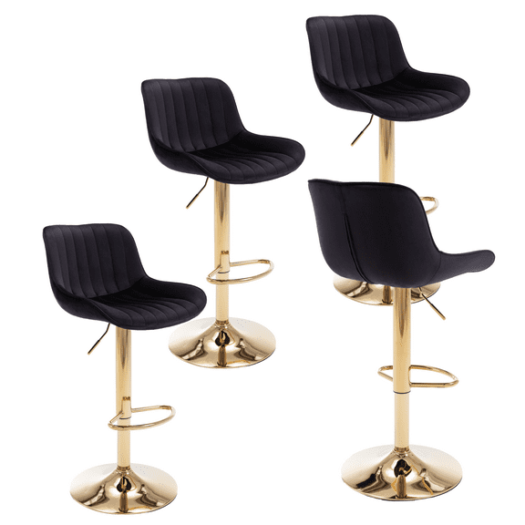 24-32 Inch Velvet Bar Stools, Counter Height Adjustable Swivel Barstools High Bar Chairs with Back & Golden Metal Base, Simple Bar Stool with Footrest for Home Kitchen Island, Pub(Black,Set of 4)