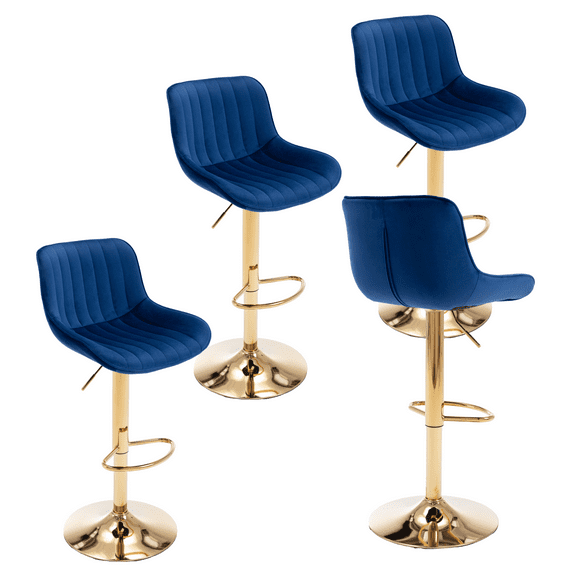 24-32 Inch Velvet Bar Stools, Counter Height Adjustable Swivel Barstools High Bar Chairs with Back & Golden Metal Base, Simple Bar Stool with Footrest for Home Kitchen Island, Pub(Navy,Set of 4)