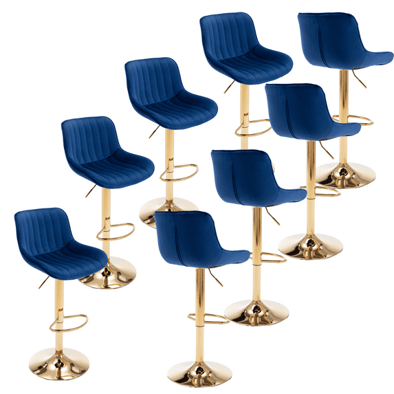 24-32 Inch Velvet Bar Stools, Counter Height Adjustable Swivel Barstools High Bar Chairs with Back & Golden Metal Base, Simple Bar Stool with Footrest for Home Kitchen Island, Pub(Navy,Set of 8)
