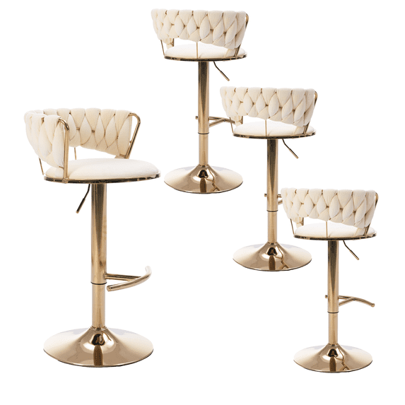 24-32 Inch Velvet Bar Stools, Counter Height Mechanical Lifting Swivel Barstools High Bar Chairs with Golden Leg Simple Bar Stool, Stools Chair with Footrest for Home Kitchen Island(Cream,Set of 4)
