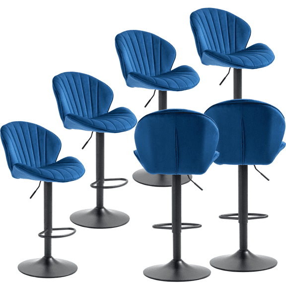 24-32 Inch Velvet Footrest Barstools, Counter Height Adjustable Swivel Barstools High Bar Chairs with Back & Golden Metal Base, Stools Chair for Home Kitchen Island, Pub(Blue,Set of 6)