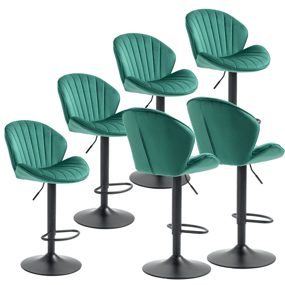 24-32 Inch Velvet Footrest Barstools, Counter Height Adjustable Swivel Barstools High Bar Chairs with Back & Golden Metal Base, Stools Chair for Home Kitchen Island, Pub(Green,Set of 6)