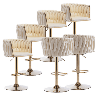 24-32 Inch Velvet Woven Bar Stools, Counter Height Adjustable Swivel Barstools High Bar Chairs with Back & Golden Metal Base, Stools Chair with Footrest for Home Kitchen Island, Pub(Ivory,Set of 6)