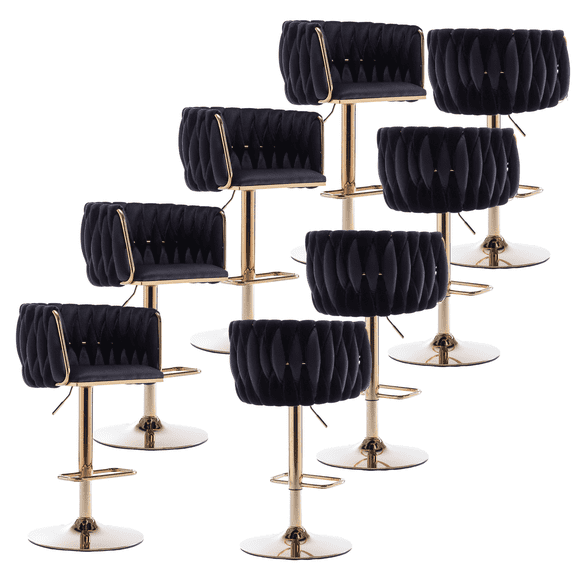 24-32 Inch Velvet Woven Bar Stools, Counter Height Adjustable Swivel Barstools High Bar Chairs with Back & Golden Metal Base, Stools Chair with Footrest for Home Kitchen Island, Pub(Black,Set of 8)
