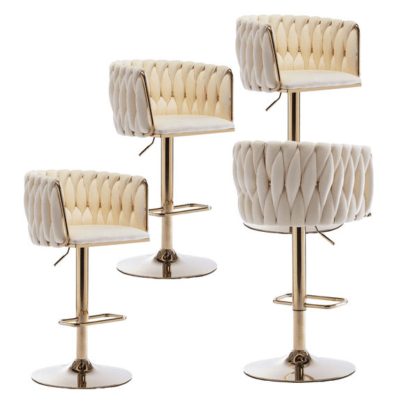 24-32 Inch Velvet Woven Bar Stools, Counter Height Adjustable Swivel Barstools High Bar Chairs with Back & Golden Metal Base, Stools Chair with Footrest for Home Kitchen Island, Pub(Ivory,Set of 4)