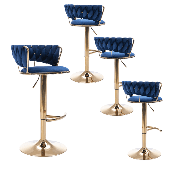 24-32Inch Velvet Bar Stools, Counter Height Mechanical Lifting Swivel Barstools High Bar Chairs with Golden Leg Simple Bar Stool, Stools Chair with Footrest for Home Kitchen Island,Pub(Blue,Set of 4)