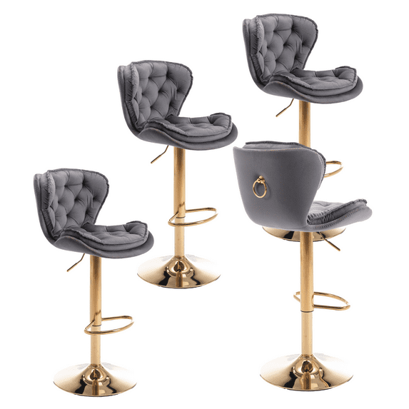 24-33 Inch Velvet Bar Stools, Counter Height Adjustable Swivel Barstools High Bar Chairs with Back & Golden Metal Base, Stools Chair Footrest for Kitchen Island, Cafe, Bar, Bar Counter(Grey,Set of 4)