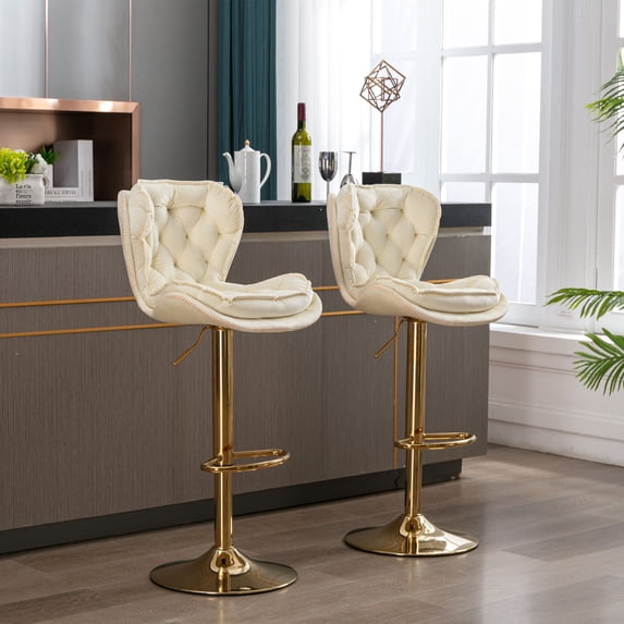 24-33Inch Velvet Bar Stools, Counter Height Adjustable Swivel Barstools High Bar Chairs with Back & Golden Metal Base, Stools Chair Footrest for Kitchen Island, Cafe, Bar, Bar Counter(Cream,Set of 2)