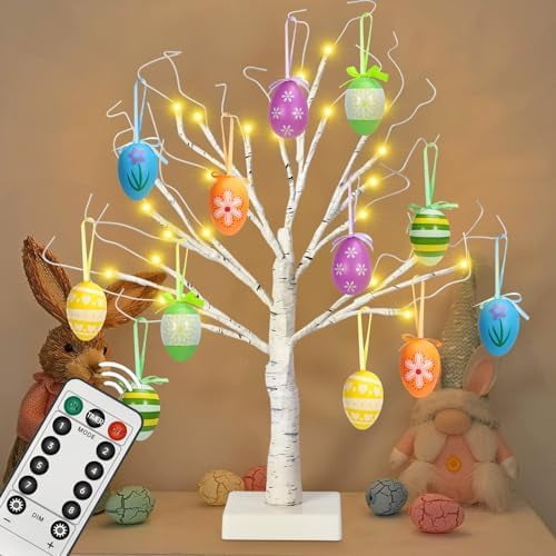 24" Easter Lighted Birch Tree with 12pcs Ornaments,Warm White LEDs Birch Tree Light Tabletop Artificial Tree 8 Lighting Modes USB or Batteries Operated with Timer for Easter Decor