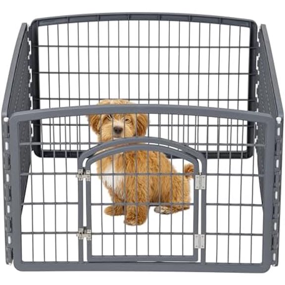 24" Exercise 4-Panel Pet Playpen with Door, Dog Playpen, Puppy Playpen, Small and Medium Dogs, Keep Pets Secure, Easy Assemble, Rust-Free, Heavy-Duty Molded Plastic, Customizable, Gray