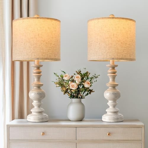 24" Farmhouse Resin Table Lamp Set of 2, Vintage Lamps for Living Room Bedroom with Linen Shades, Traditional Rustic Bedside Lamps Retro Table Lamps for Living Room, Bedroom, Office