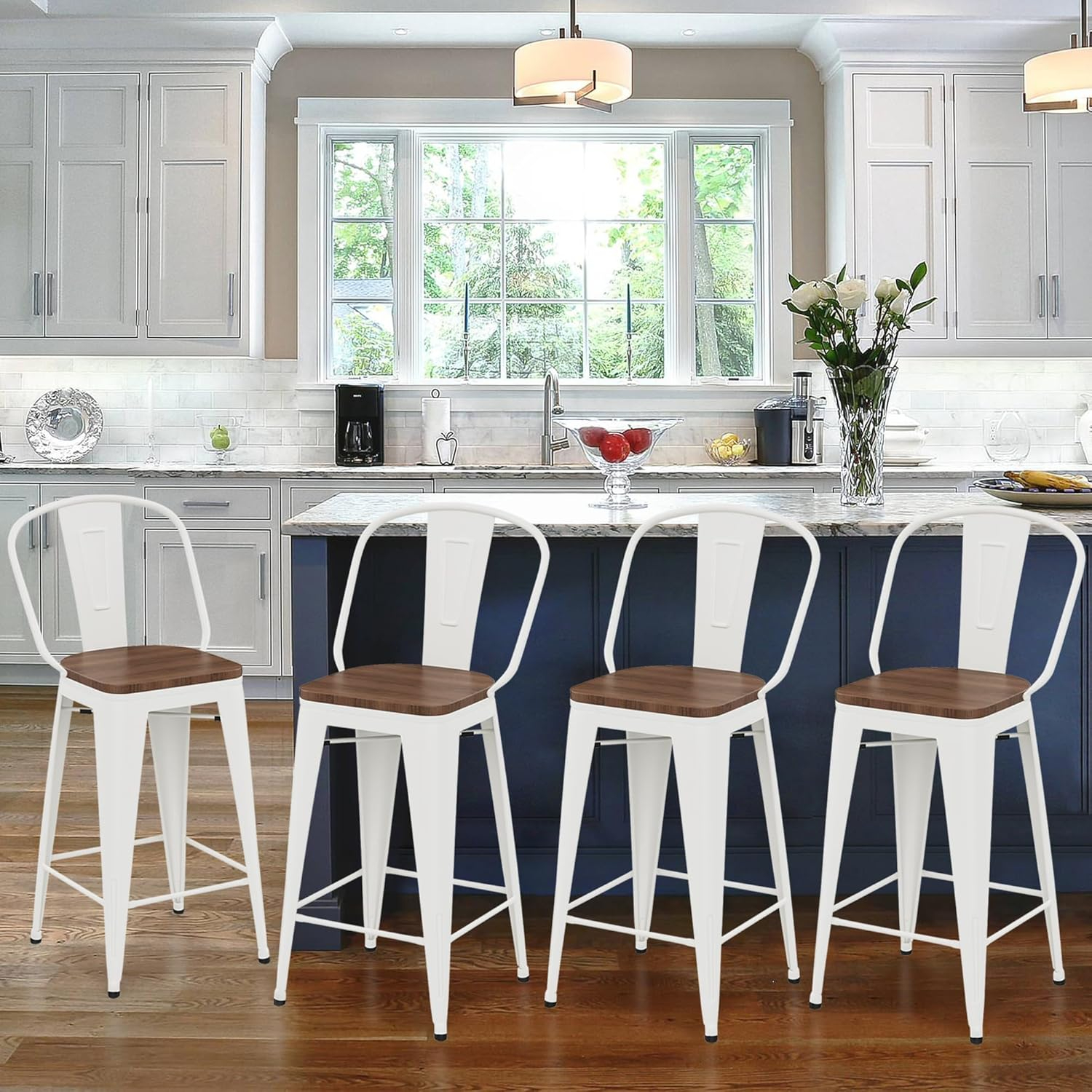 24" High Back Barstools Metal Stool with Wooden Seat [Set of 4] Counter