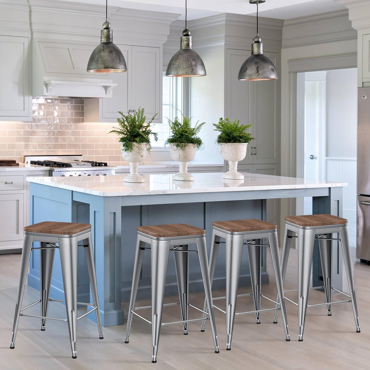 24" Metal Counter Height Bar Stools Stackable Backless Barstools with