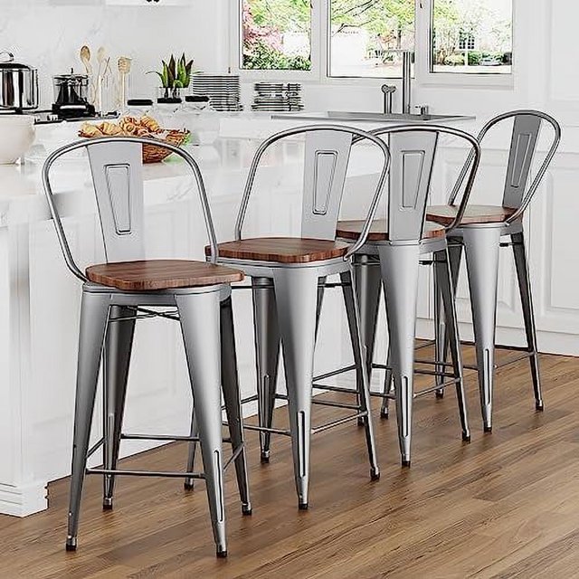 24" Swivel Metal Stools Set of 4 High Back Counter Height Chair