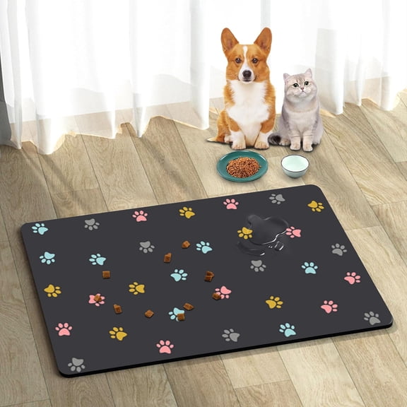 24"×36" Pet Feeding Mat, Absorbent Dog Food Mat, No Stains Cat Bowl Mat for Food and Water, Easy to Clean Pet Placemats, Quick Dry Dog Water Dispenser Mat (Paws, Black,24''''x36'''')