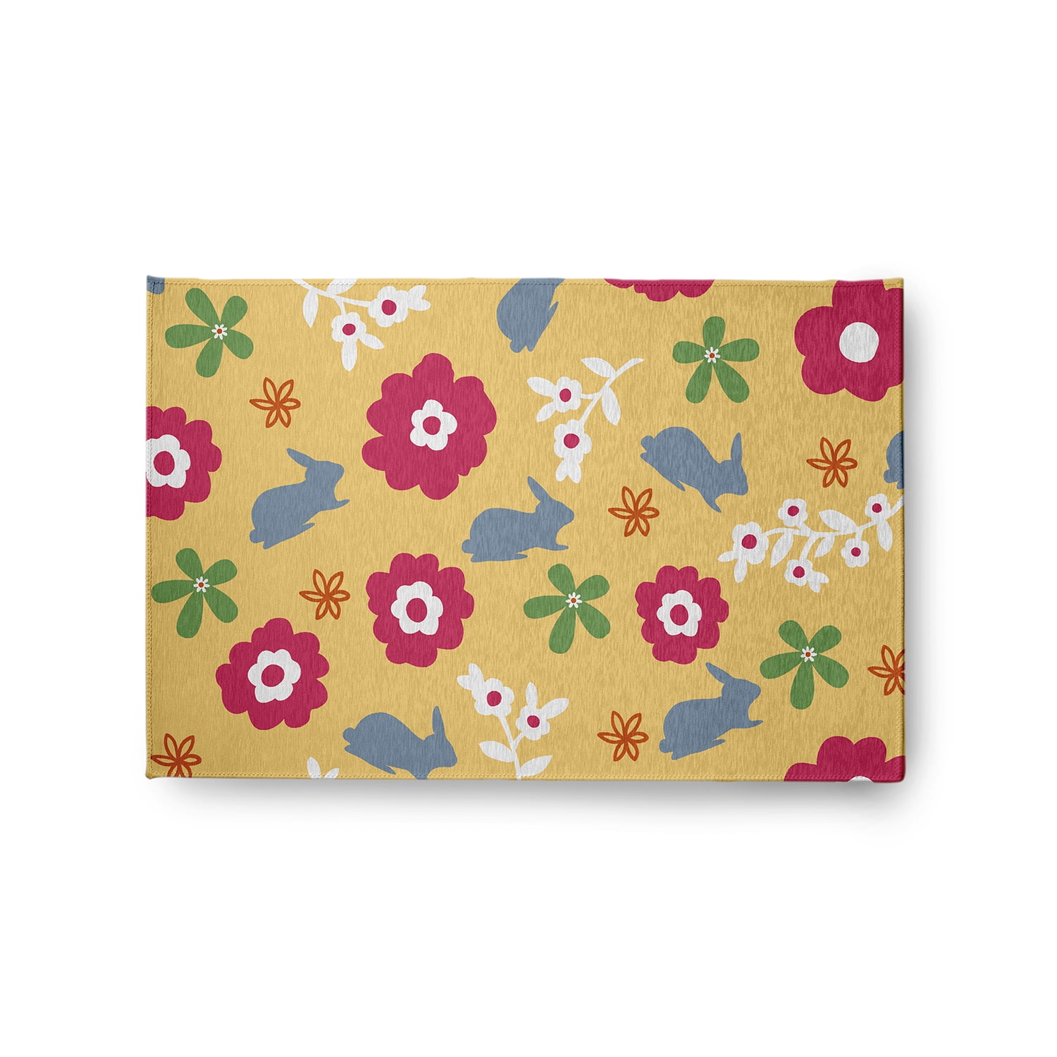 24" 36" Simply Daisy Flowery Love with Bunnies Traditional Chenille Area Rug, Daffodil Yellow-Blue