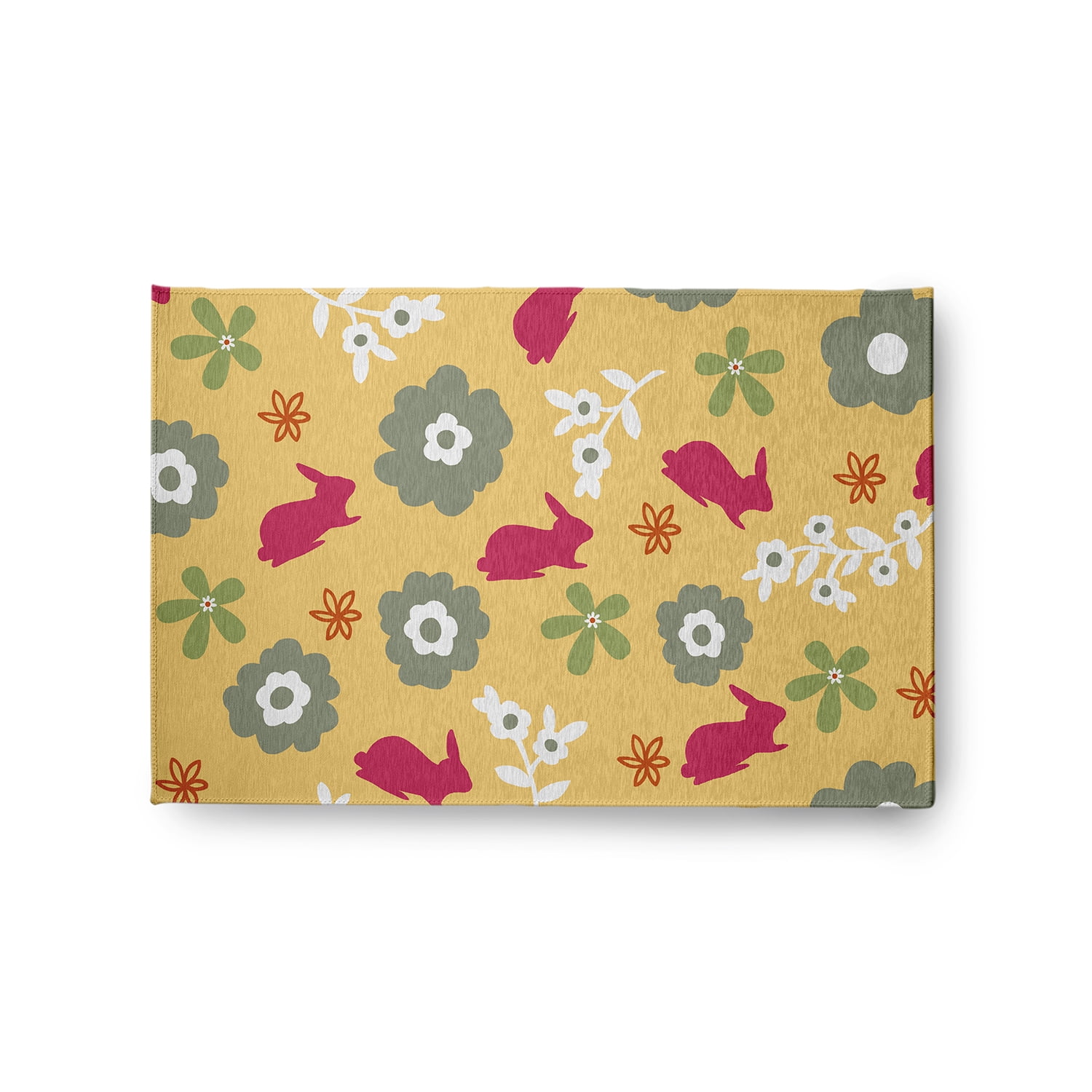 24" 36" Simply Daisy Flowery Love with Bunnies Traditional Chenille Area Rug, Daffodil Yellow-Pink