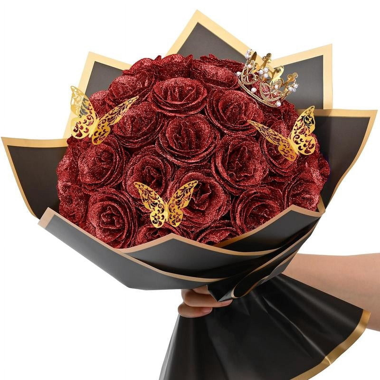 24/36 Sparkling Glitter Roses Bouquet - Handcrafted Artificial Red ...