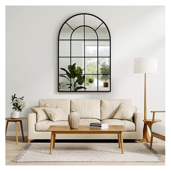 24"36" Windowpane Arched Wall Mirror, Grid-Designed Decorative Farmehouse Wall Mounted Mirror with Metal Frame Hanging Leaning for Entryway, Living Room, Home Decor, Black