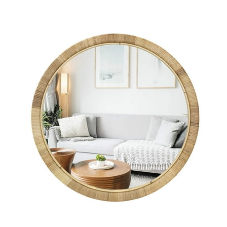 24.4"×24.4" Handmade Rattan Framed Wall Mirror, Rustic Farmhouse Style Decorative Mirror, Boho Chic Design, Ideal for the Living Room, Bedroom, Bathroom and Fireplace, Round