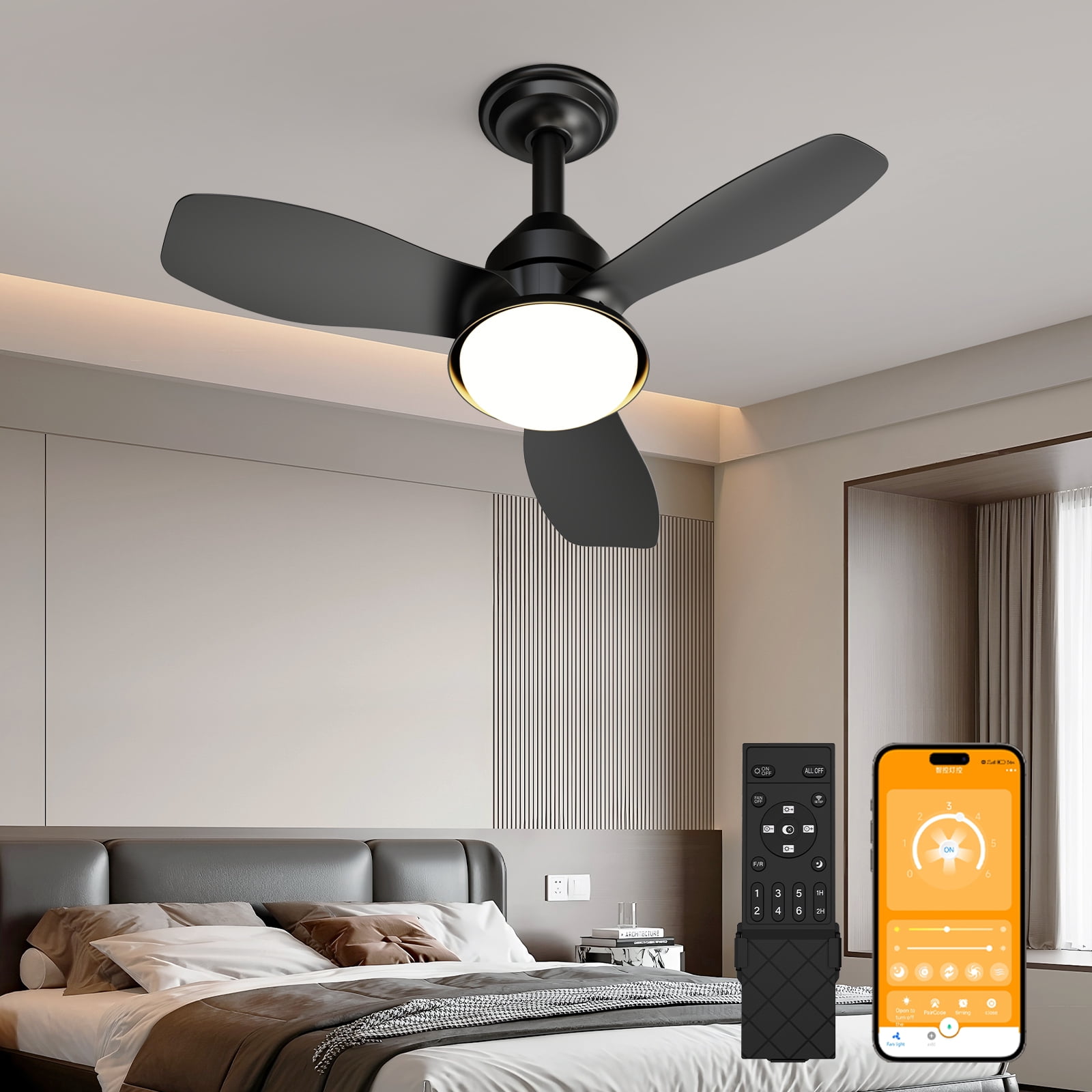 24.4" Black Flush Mount Ceiling Fan with Light, 3 Blades, 6-Speed Reversible Quiet DC Motor, Dimmable LED, APP & Remote Control for Bedroom, Living Room & Covered Patio