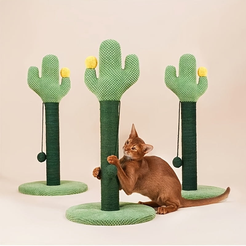24.4" Cactus-Shaped Cat Scratching Post with Natural Sisal and Hanging Ball Toy – Indoor Cats & Kittens
