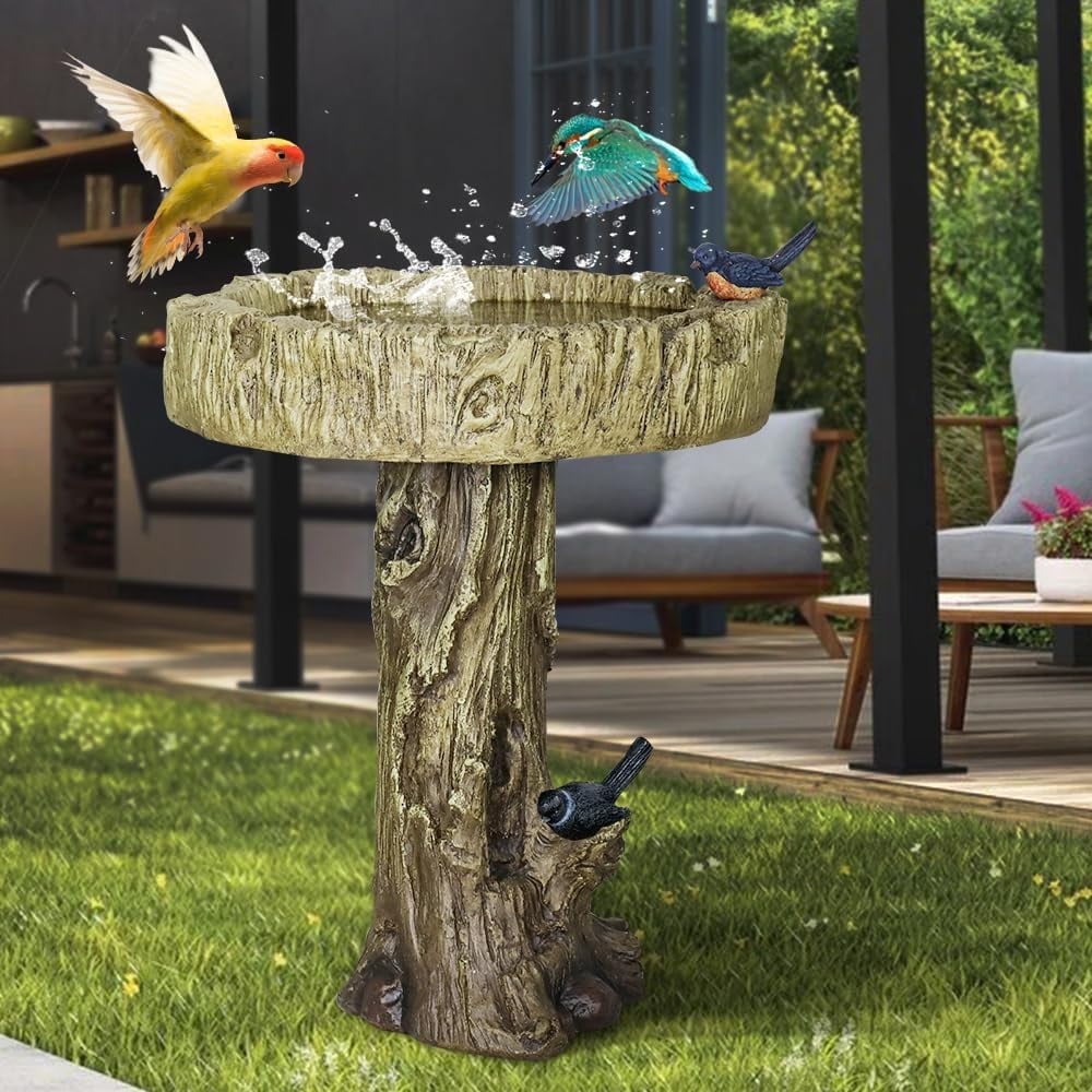 24.4” H Fibre Reinforced Concrete Outdoor Garden Bird Bath with Birds, Woodland Tree Trunk Decoration Yard Statue，Pedestal Birdbaths for Outdoors, Garden, Patio, Lawn, Backyard