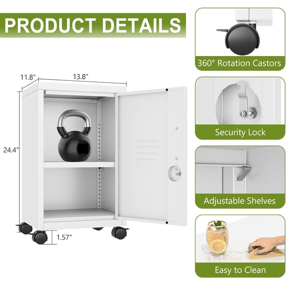 24.4" H Metal Locker Storage File Cabinet with Wheels, White | Small Employees Locking Steel Locker Adjustable Shelf & Lock, Single Door Lockable Cabinet for Home, School, Office, Gym