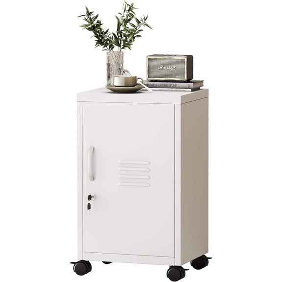 24.4" H Metal Storage Locker with Wheels, Single Door Lockable Steel Cabinet with Adjustable Shelf, White