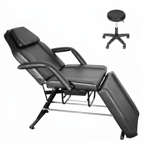 24.4" Height Adjustable Tattoo Chair, Steel Frame Esthetician Bed with Triangular Base and Rolling Stool, Foldable Design for Easy Storage, for Facial, Microblading & Injectables