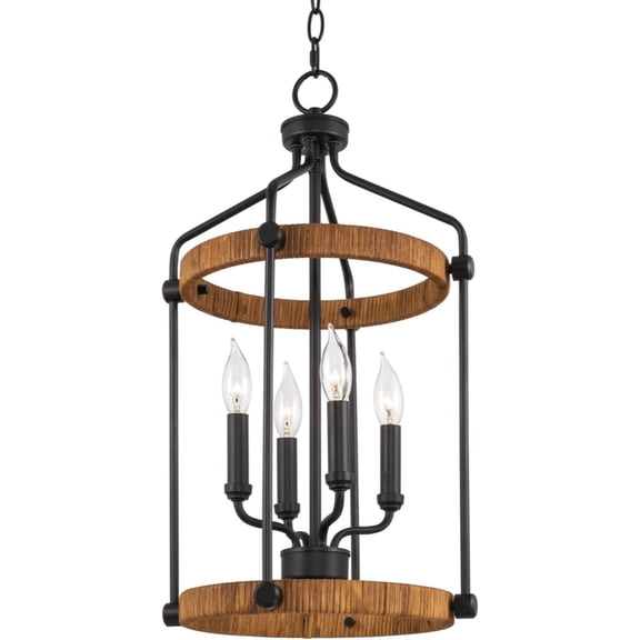 24" 4-Light Modern Farmhouse Lantern Pendant Light, Open Design, Rattan Accents + Black Finish