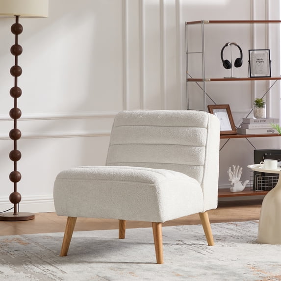 24.4" Wide Modern Upholstered Armless Chair with Rubber Wood Legs, Chenille Accent Chair for Living Room,Bedroom,Office and Reading Room. Ivory