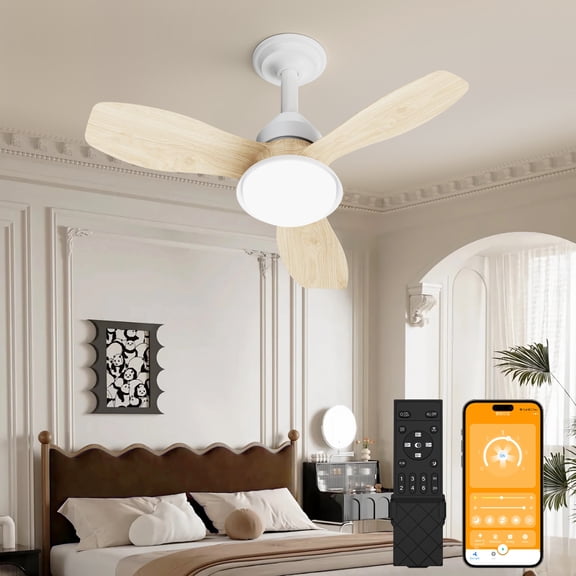 24.4" Wood Grain Ceiling Fan with Light, 3 Blades, 6-Speed Reversible Quiet DC Motor, Dimmable LED, APP & Remote Control, Flush Mount for Bedroom Living Room Farmhouse