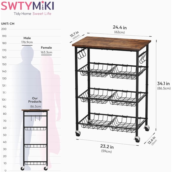 24.4''x15.7'' Rolling Microwave Cart - 4 Tier Microwave Table Stand with 6 Storage Baskets, Coffee Bar with Wheels, Kitchen Utility Cart Shelf Rack Organizer for Vegetables, Potato, Brown
