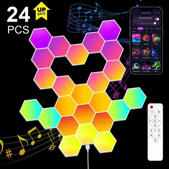 24Pcs Upgraded Smart Color-Changing Hexagonal LED Lights, App & Remote Dual Control, USB Powered RGB Wall Panel Lights with Music Sync, Creative Modular Gaming Lights for Bedroom