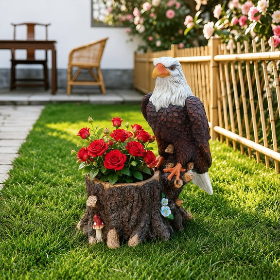 24.41" Large Eagle Statue Tree Stump Planter Outdoor-Resin Bald Eagle Flower Pot for Yard Garden Décor,Weather-Resistant Tree Log Planter Container for Front Porch,Patio,Black Brown