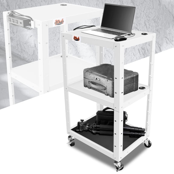 24-42" Adjustable Height Utility Steel Media AV Cart Power Strip USB Ports White