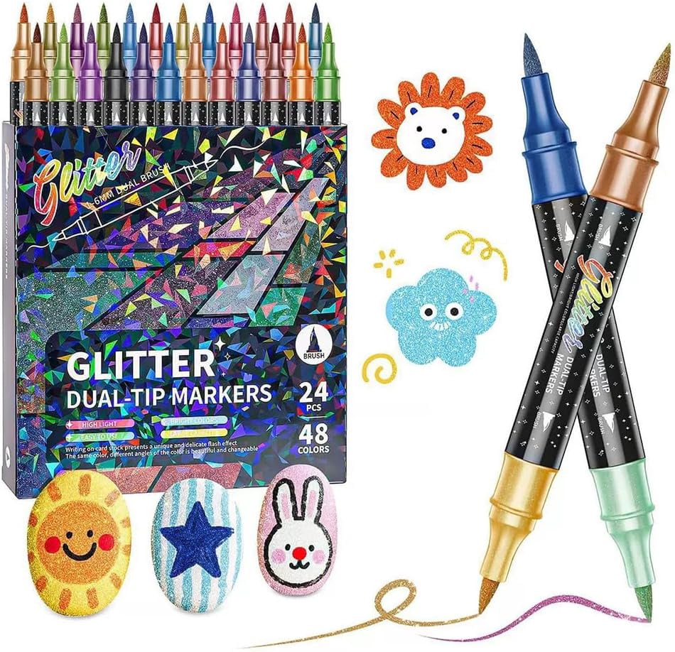 24/48/72/96 Colors Glitter Effect Brush Markers, 2026 New Glitter Dual Tip Markers, Professional Glitter Paint Pens Set for Adult Coloring Books, Journals, Card Making & DIY Crafts (48 Colors)