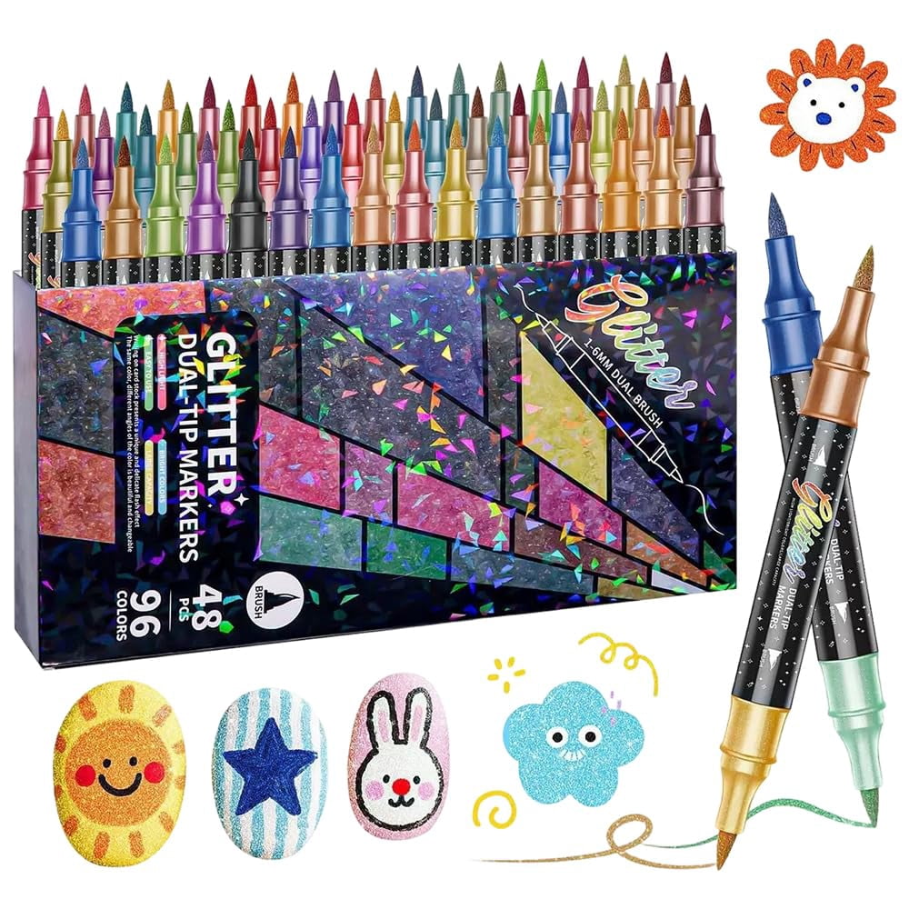 24/48/72/96 Colors Glitter Effect Brush Markers, 2026 New Glitter Dual Tip Markers, Professional Glitter Paint Pens Set for Adult Coloring Books, Journals, Card Making & DIY Crafts - 96COLORS