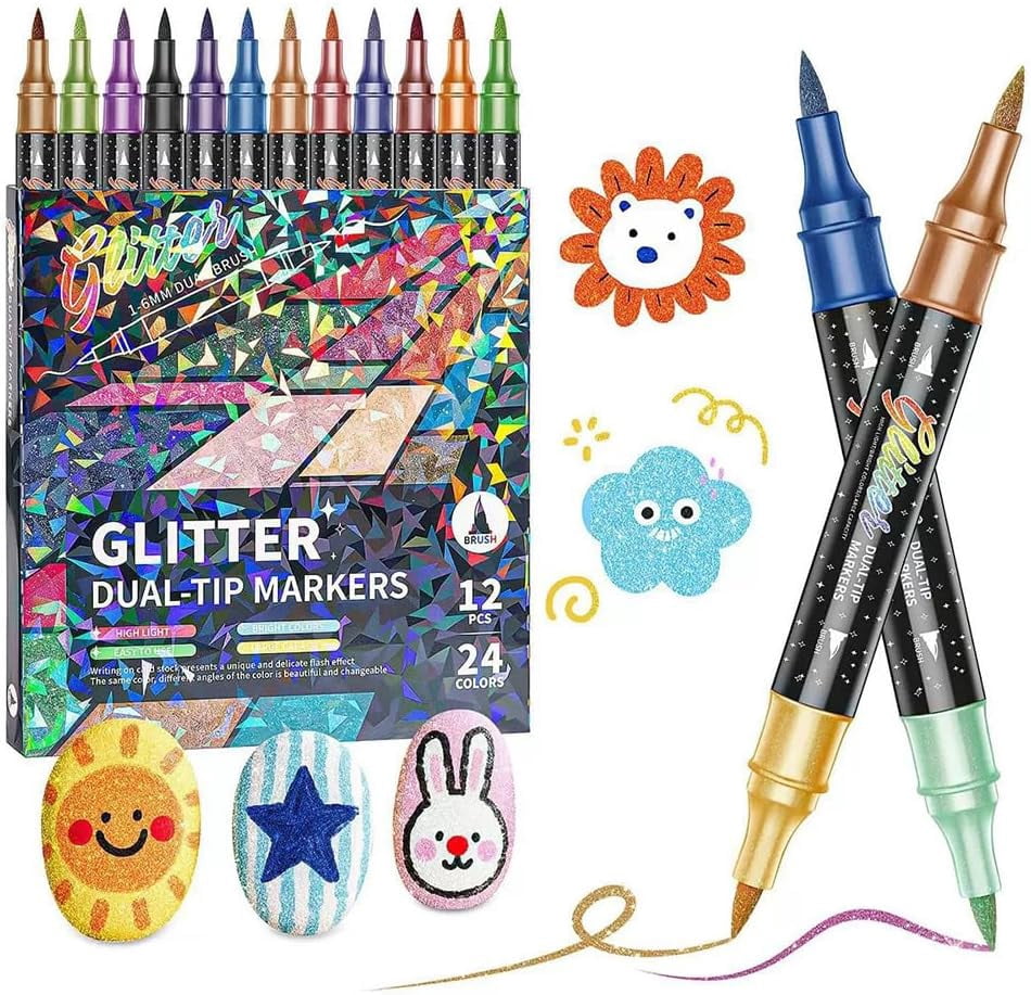 24/48/72/96 Colors Glitter Effect Brush Markers, 2026 New Glitter Dual Tip Markers, Professional Glitter Paint Pens Set for Adult Coloring Books, Journals, Card Making & DIY Crafts (24 Colors)