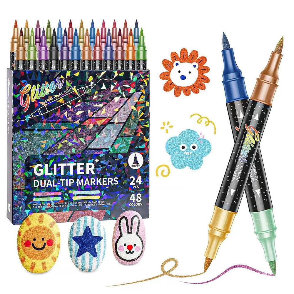 24/48/72/96 Colors Glitter Effect Brush Markers, 2026 New Glitter Dual Tip Markers, Professional Glitter Paint Pens Set for Adult Coloring Books, Journals, Card Making & DIY Crafts